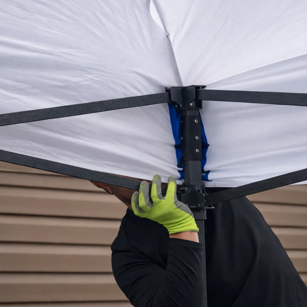 pop-up tent center pole locking latch mechanism close up