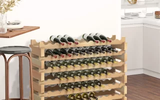 Wooden wine rack filled with bottles in a modern kitchen.