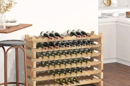 Wooden wine rack filled with bottles in a modern kitchen.