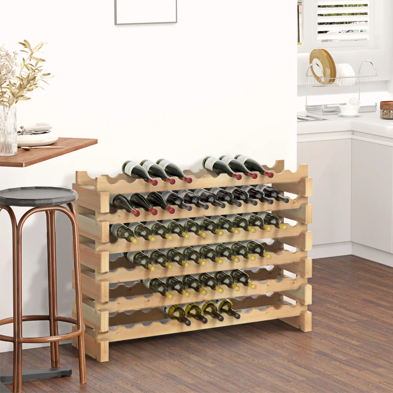 Wooden wine rack filled with bottles in a modern kitchen.