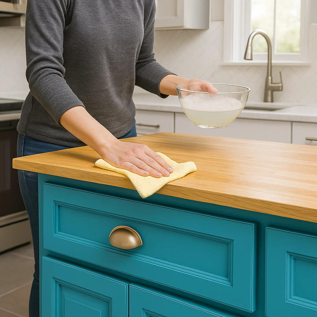 cleaning wood kitchen cabinets with microfiber cloth and mild soap