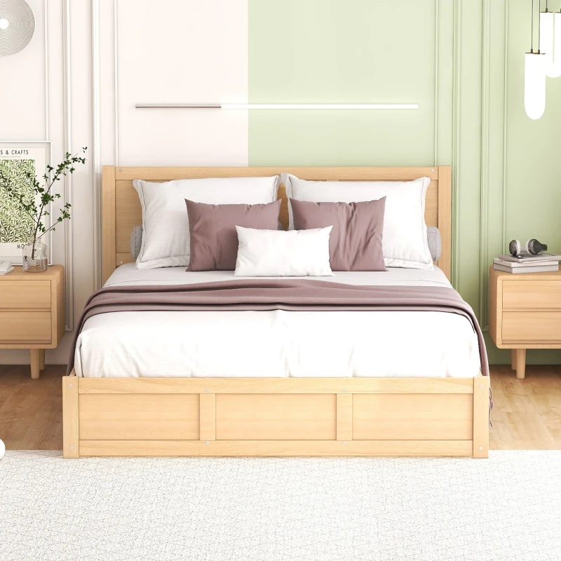 Natural wood storage bed against pastel green wall