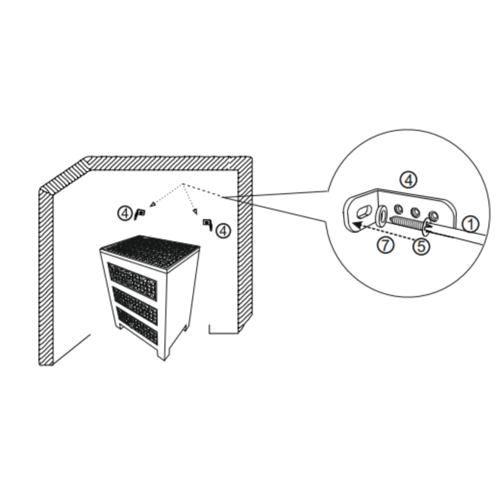 Illustration showing metal brackets attached to nightstand and wall
