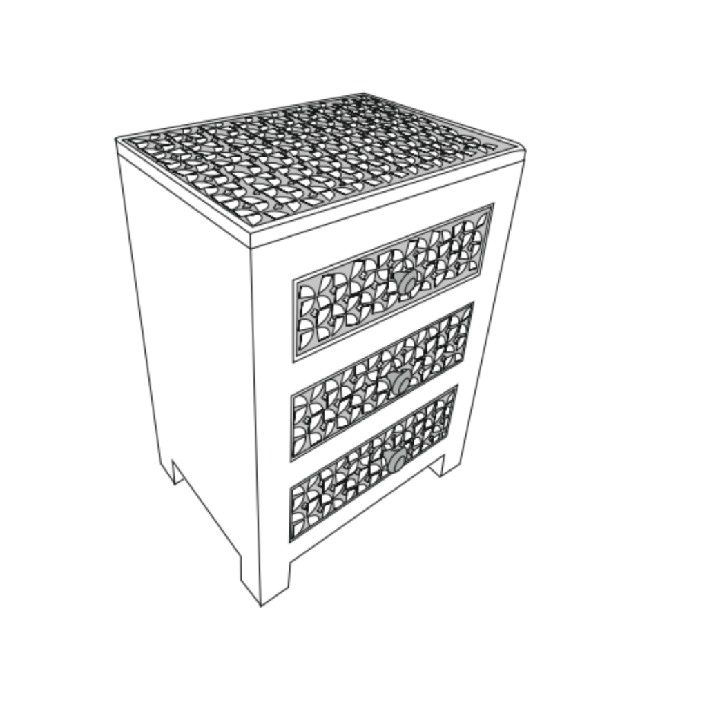 Hands tightening knobs on patterned wooden nightstand drawers
