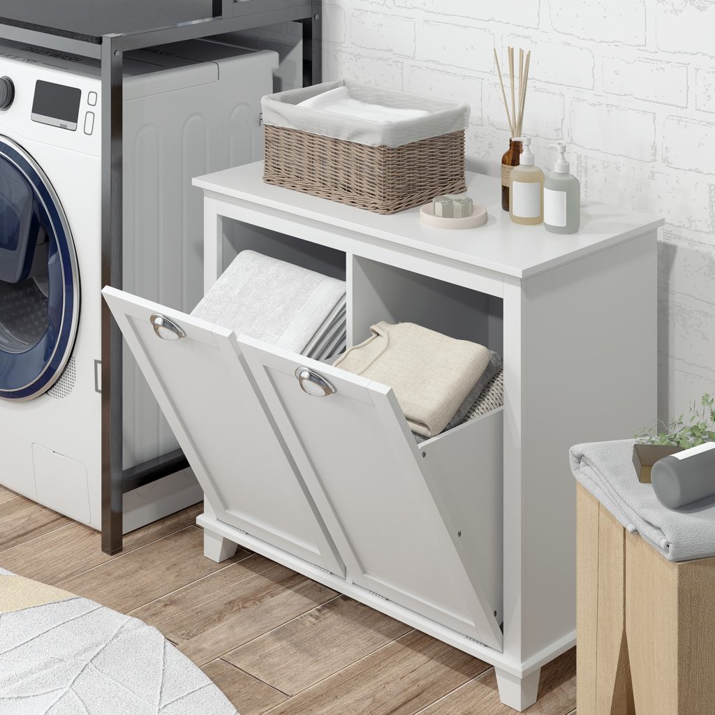 White laundry hamper cabinet with dual tilt bins near washing machine.