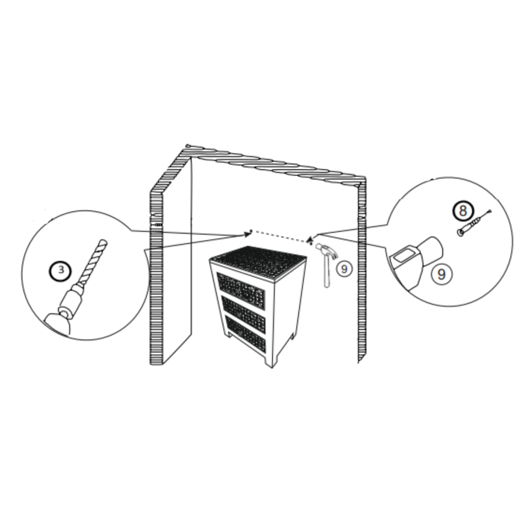 Diagram drilling holes and inserting wall plugs for nightstand safety
