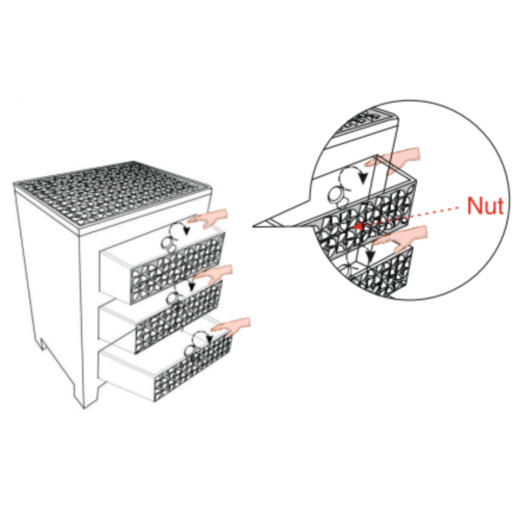 Hands pulling out drawers from patterned wooden nightstand
