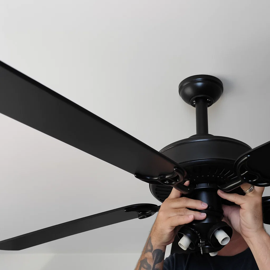 Person installing black ceiling fan onto ceiling mount