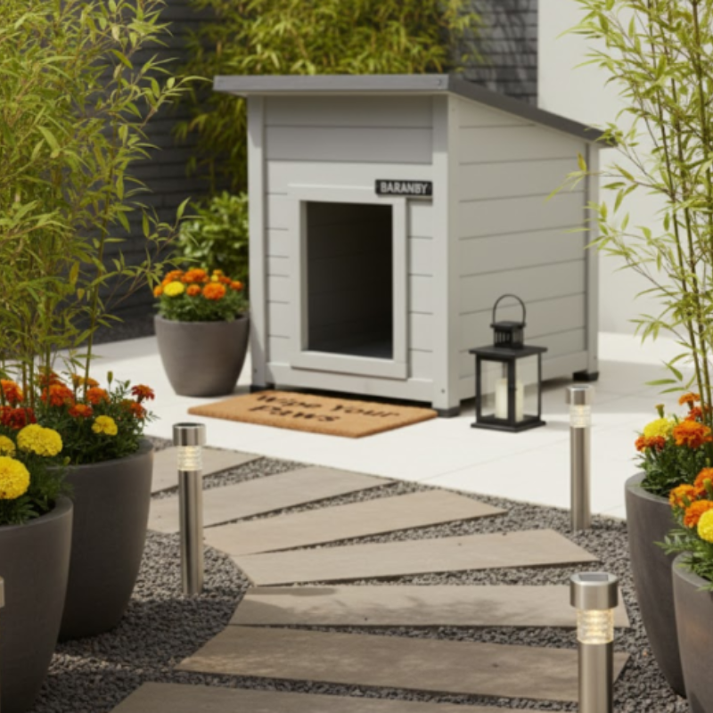 Modern dog house styled with garden plants, pathway lights, and outdoor decor.
