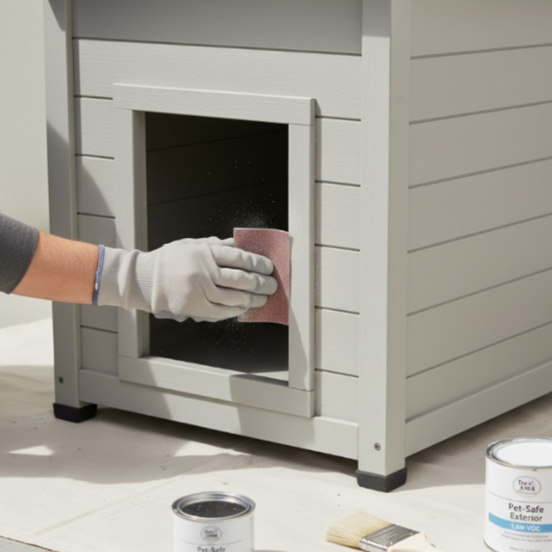 Gloved hand sanding wooden dog house entrance before applying pet-safe paint.
