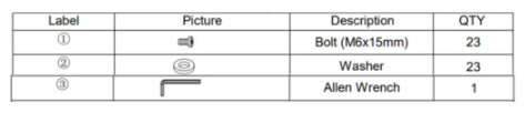 Table showing bolts, washers, and allen wrench assembly tools.