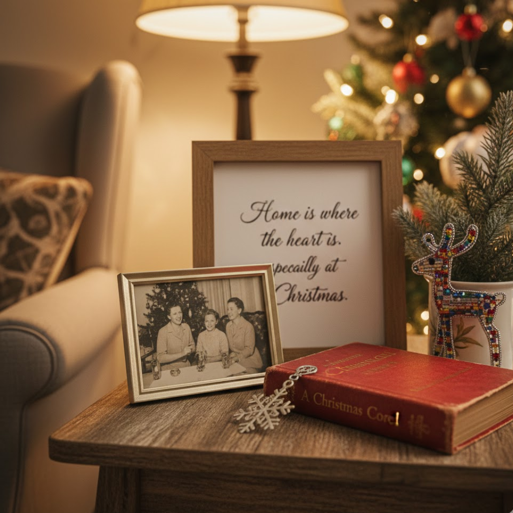 Christmas side table with framed photo, holiday sign, book and small festive décor.