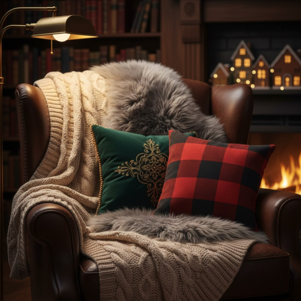Leather armchair with knit blanket, fur pillow and festive cushions beside warm fireplace.
