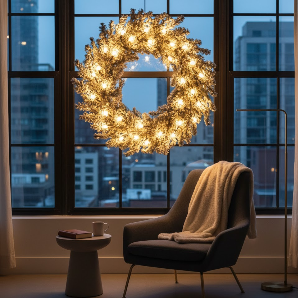 Glowing Christmas wreath hanging in window above cosy chair, blanket and small side table.
