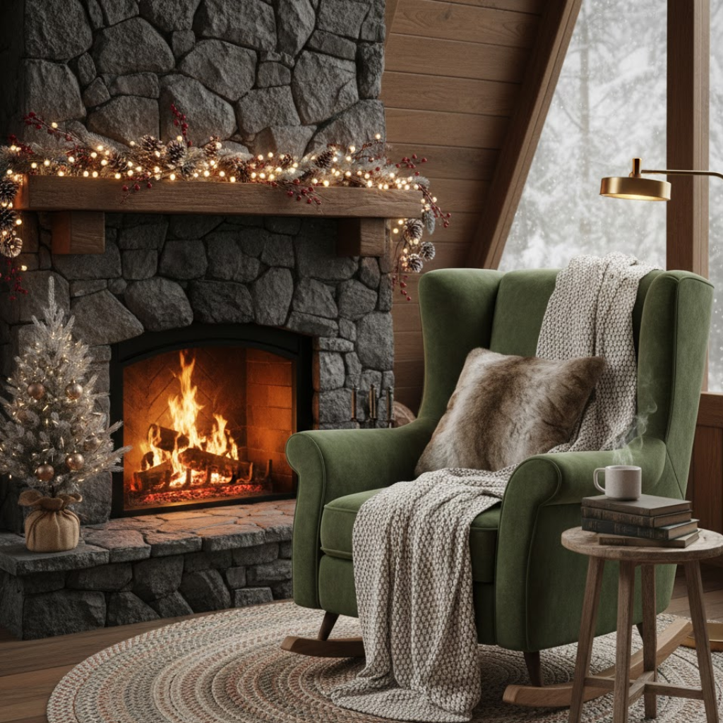 Cozy green armchair by fireplace with blanket, pillow, books and warm Christmas décor.
