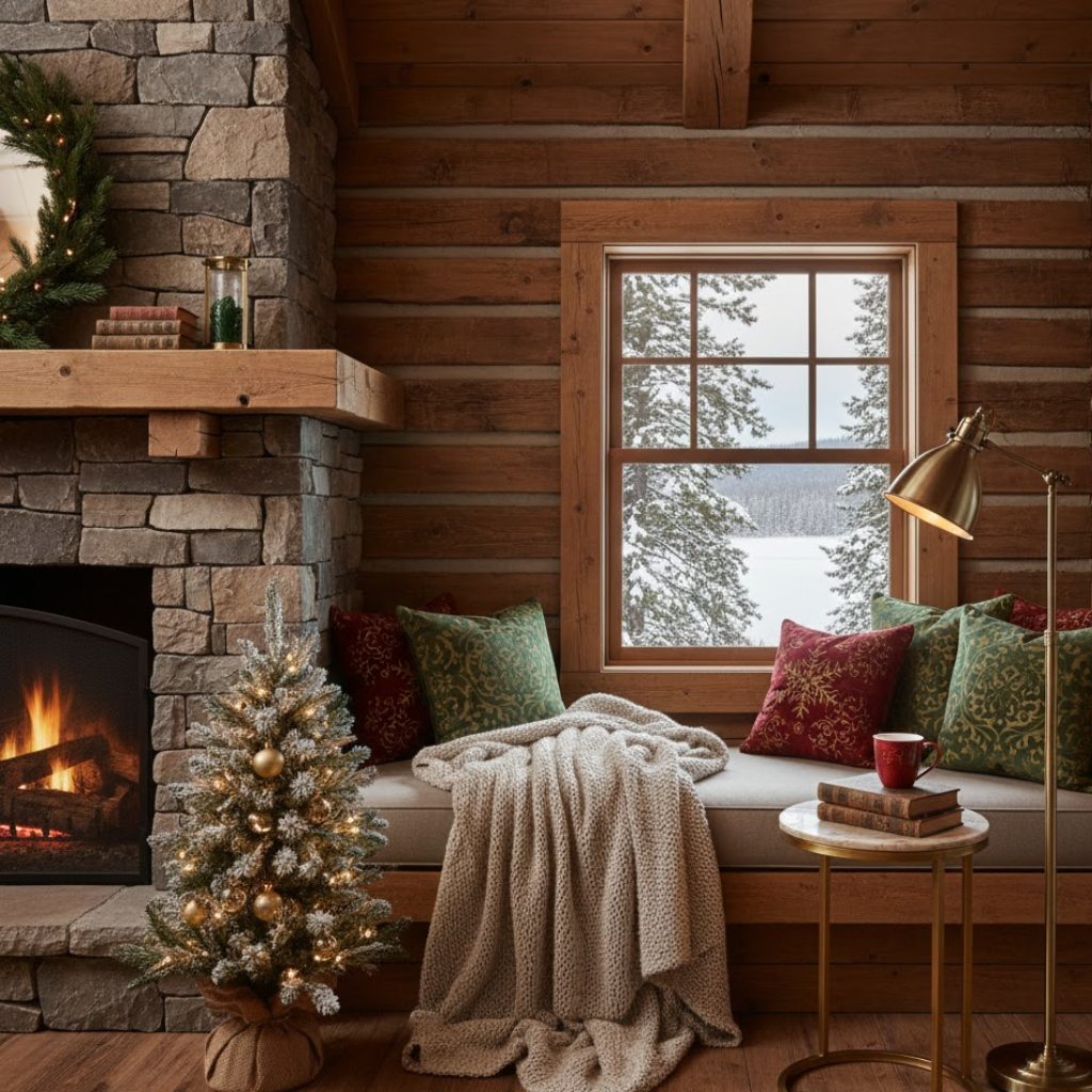 Christmas reading nook with festive cushions, mini tree, blanket and snowy window view.
