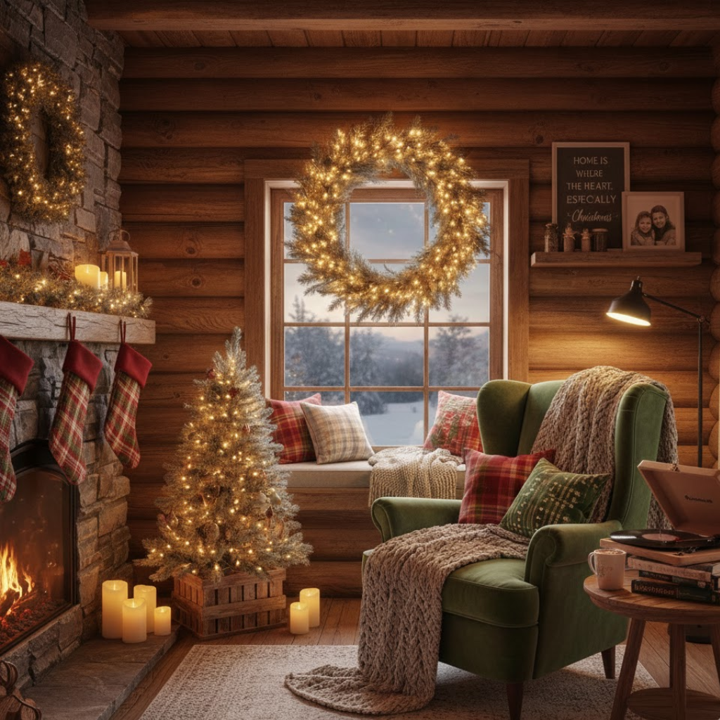 Warm holiday nook with glowing wreath, tree, candles and green armchair beside window.
