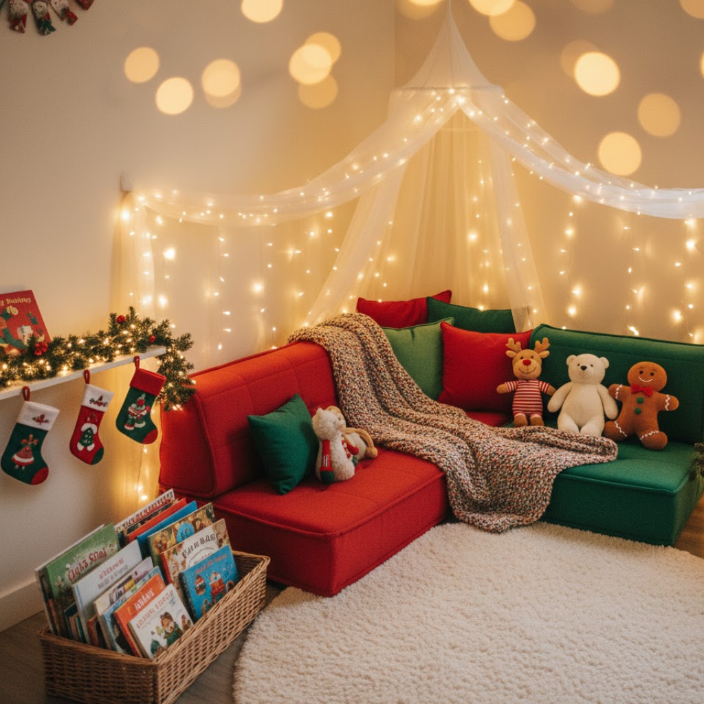 Kids’ Christmas reading corner with fairy lights, plush toys, red and green seating and books.