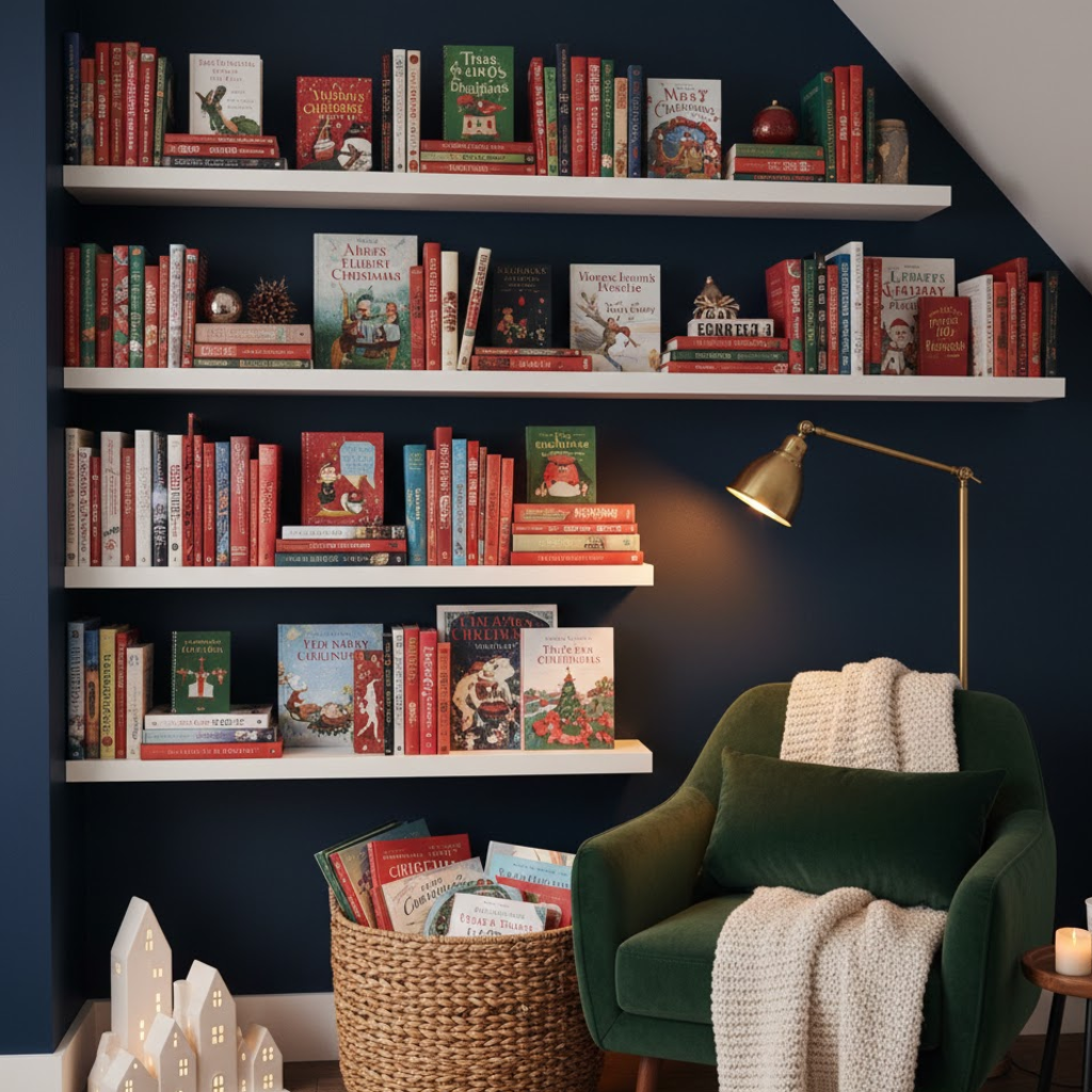 Christmas-themed bookshelf display with red books, cosy chair and reading lamp.