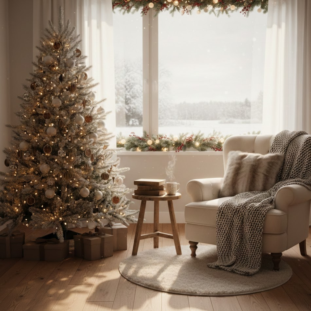 Soft, neutral Christmas nook with lit tree, armchair, blanket and snowy window background.
