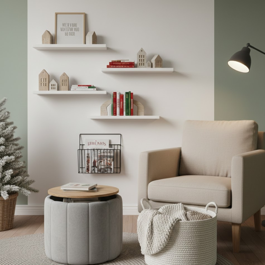 Minimal reading nook with shelves, beige armchair, storage basket and simple festive touches.
