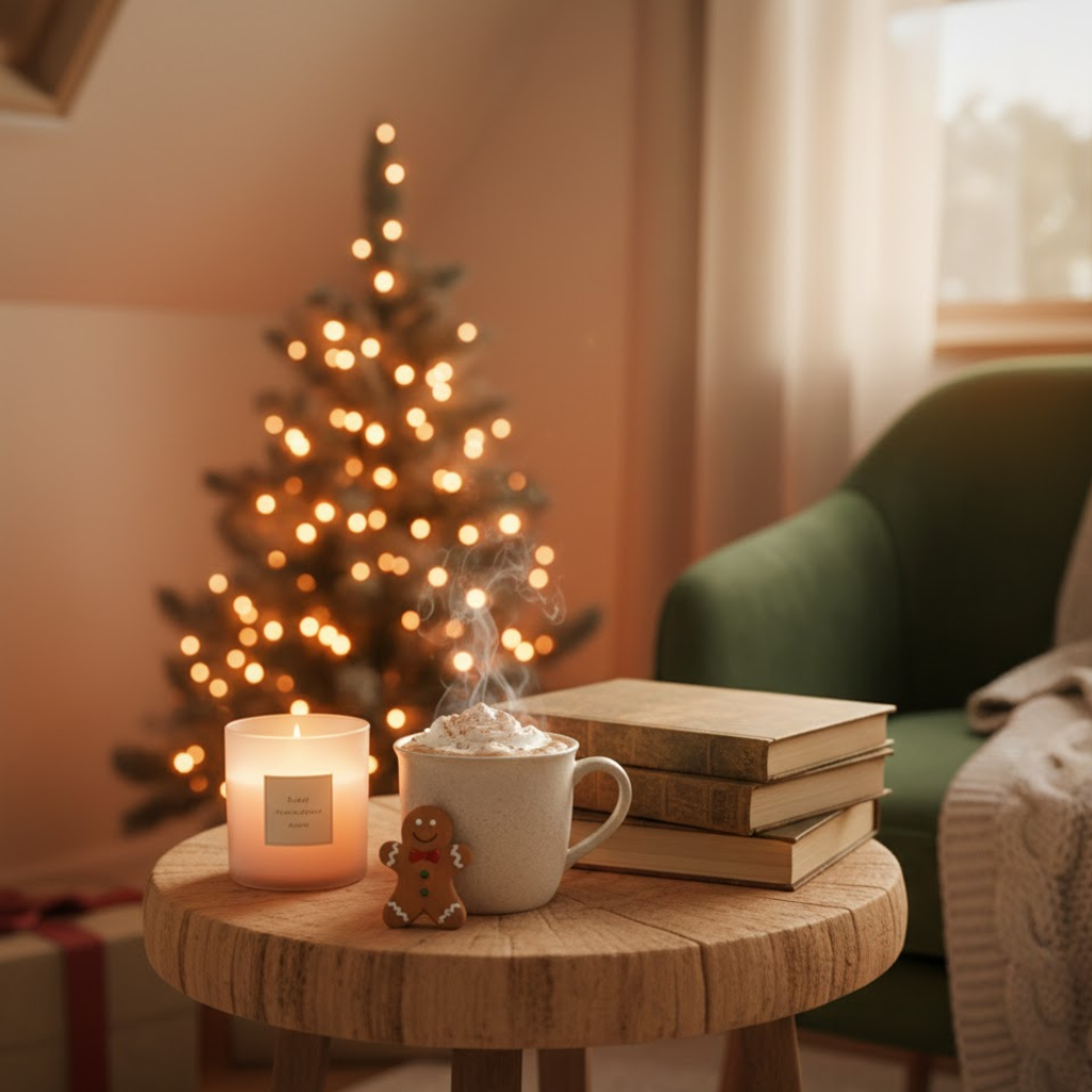 Wooden side table with candle, hot drink, books and twinkling tree in background.
