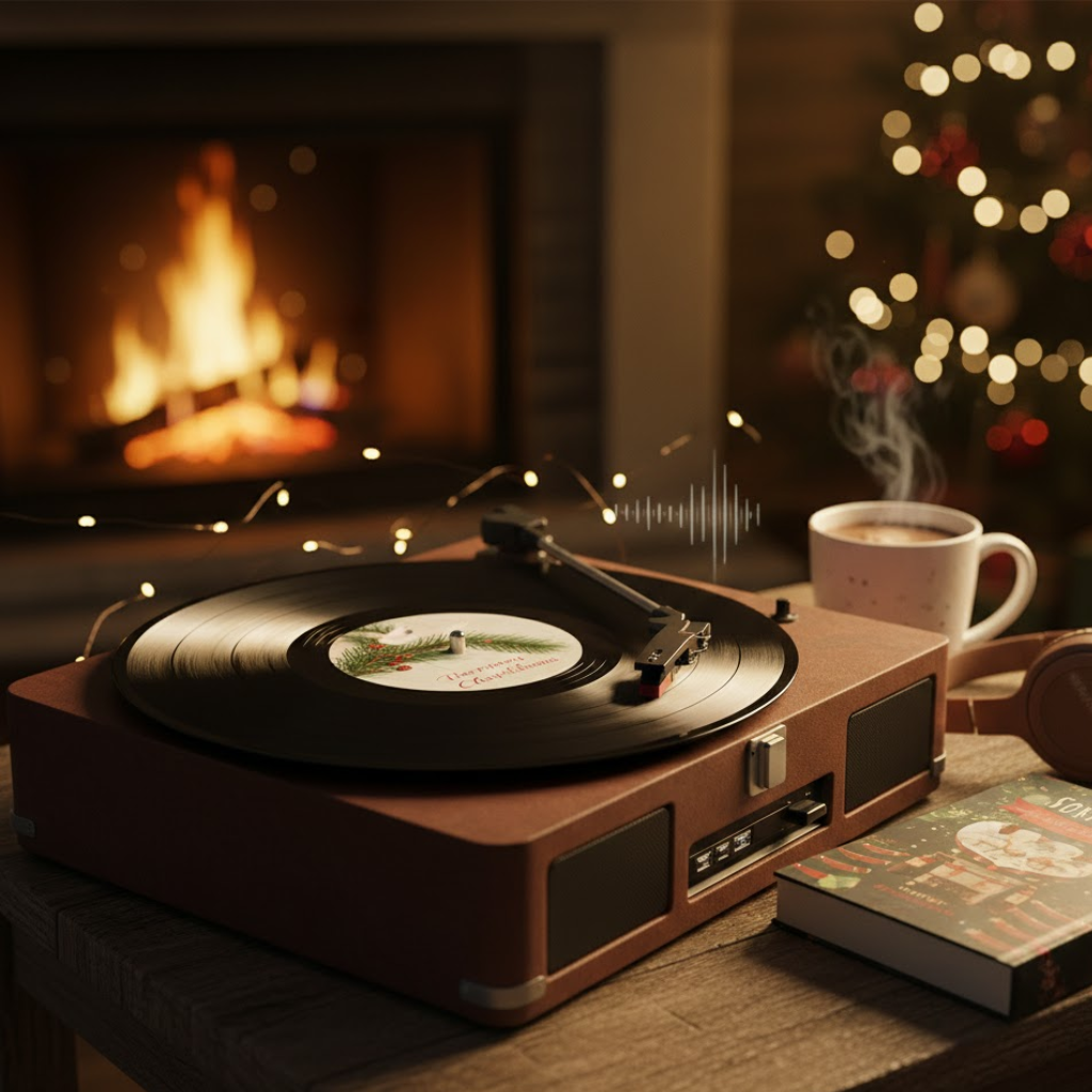 Record player playing Christmas music beside warm fireplace and steaming mug.
