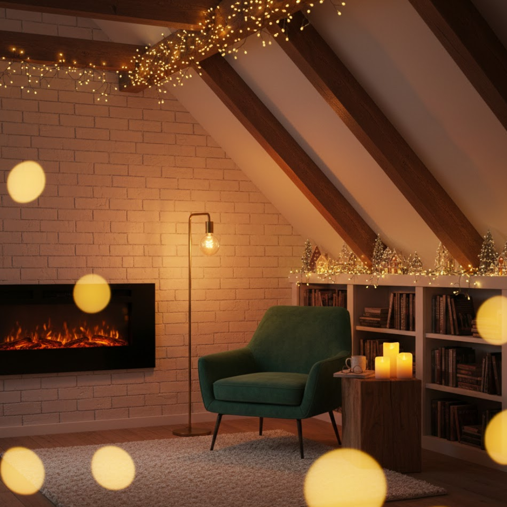 Christmas nook with green chair, fireplace, candles and warm glowing string lights.
